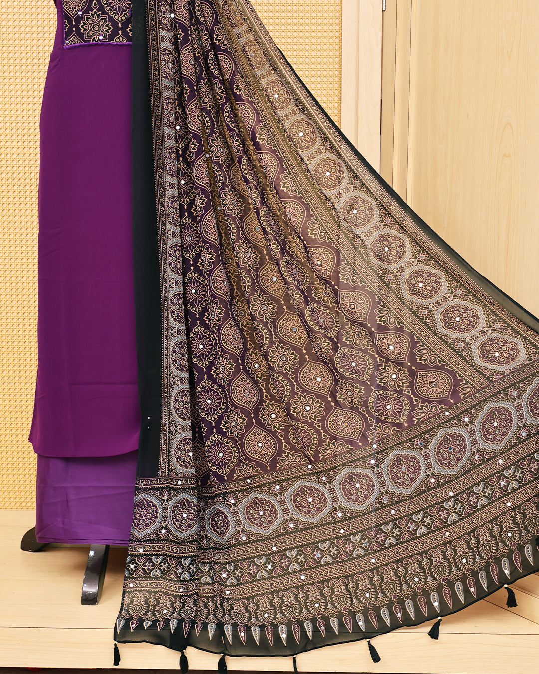 Violet colour Georgette Salwar material featuring Mirror with Design print work on body, paired with matching bottom & Dupatta.