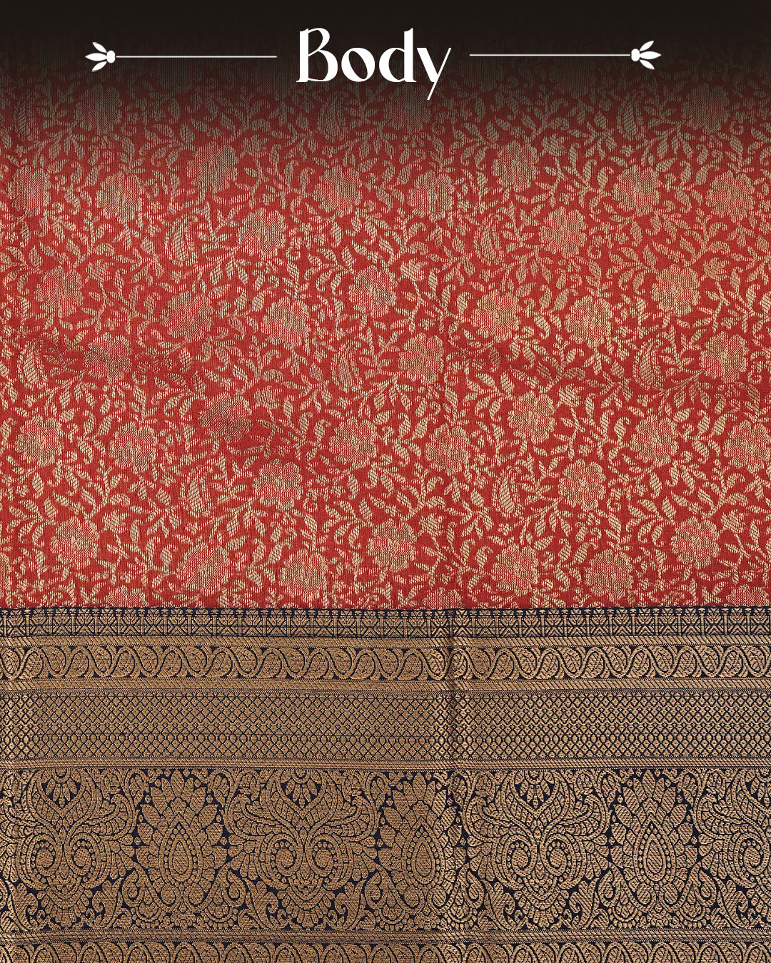 Dark Brick Red colour semi wedding saree featuring  gold zari Floral kodi  Pattern on body, contrast  Navy blue colour with traditional border, paired with matching blouse piece.