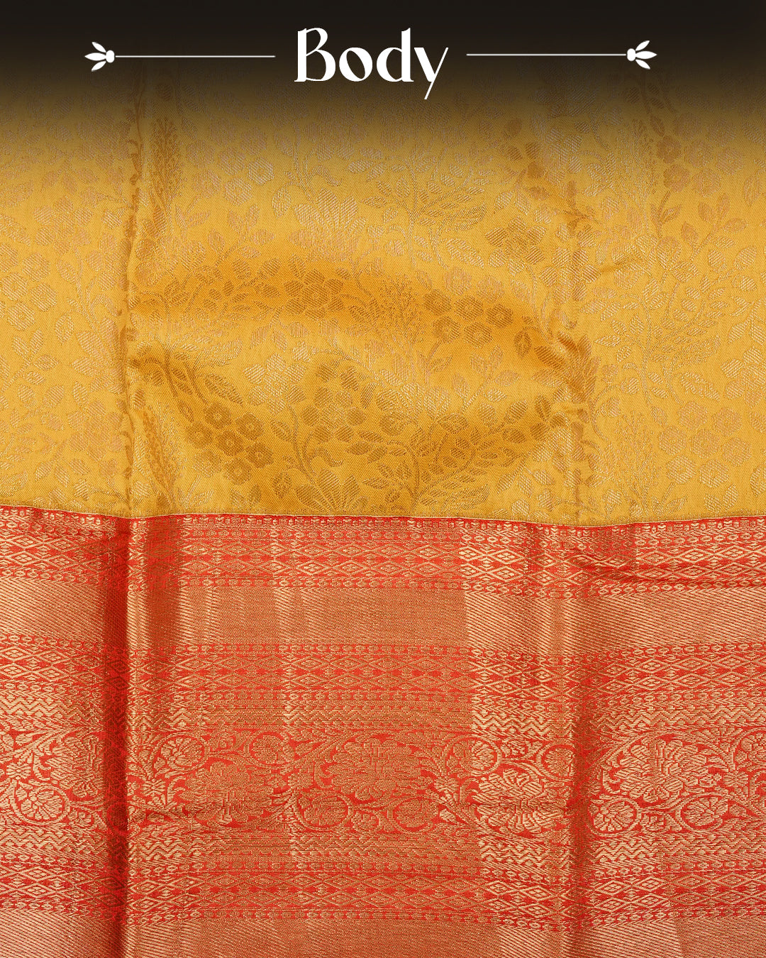 Mustard Yellow colour semi wedding saree featuring  gold zari  Floral Kodi Pattern on body, contrast  Red colour with traditional border, paired with matching blouse piece.
