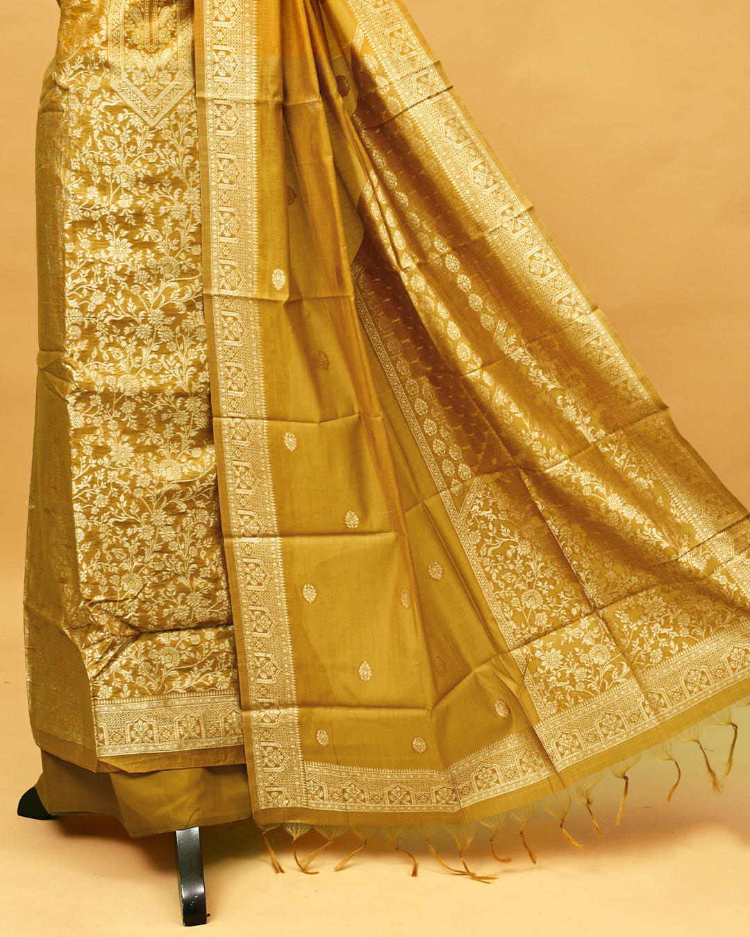 Golden colour Banaras Salwar material with gold zari floral kodi pattern work on body, matching bottom & Dupatta.