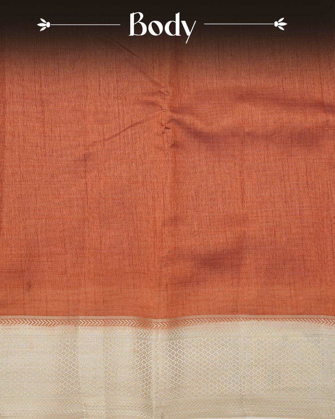 Orange colour Semi Tussar silk saree featuring an elegant plain body, accentuated by a contrast cream border adorned with intricate gold zari work, paired with a matching blouse piece.