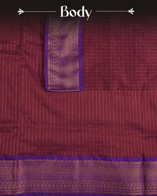 Wine colour kalyani cotton saree featuring gold zari check pattern on body, complemented by Violet colour with Antique zari border, paired with matching blouse piece