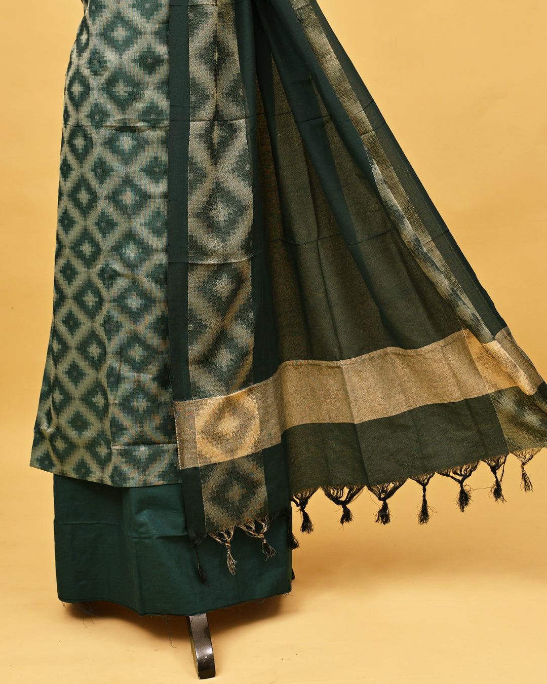 Green colour Net cotton Salwar material with Geometric pattern work on body, matching bottom & Dupatta.