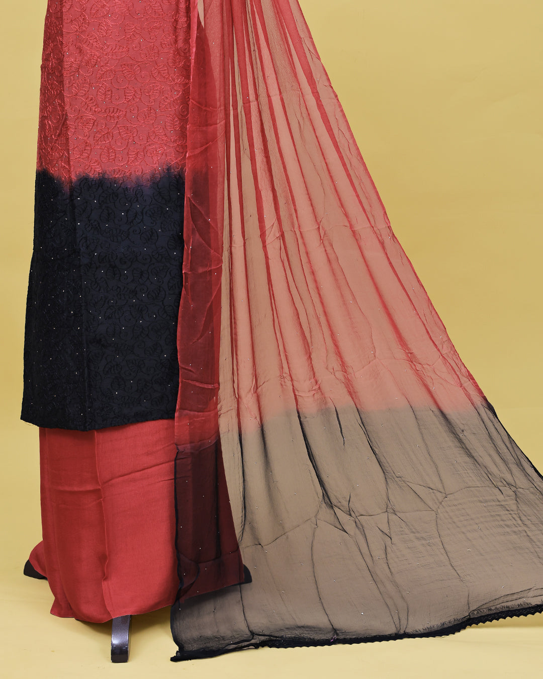 Maroon & black half dye design colour Salwar material with thread pattern on body, matching bottom & Dupatta.