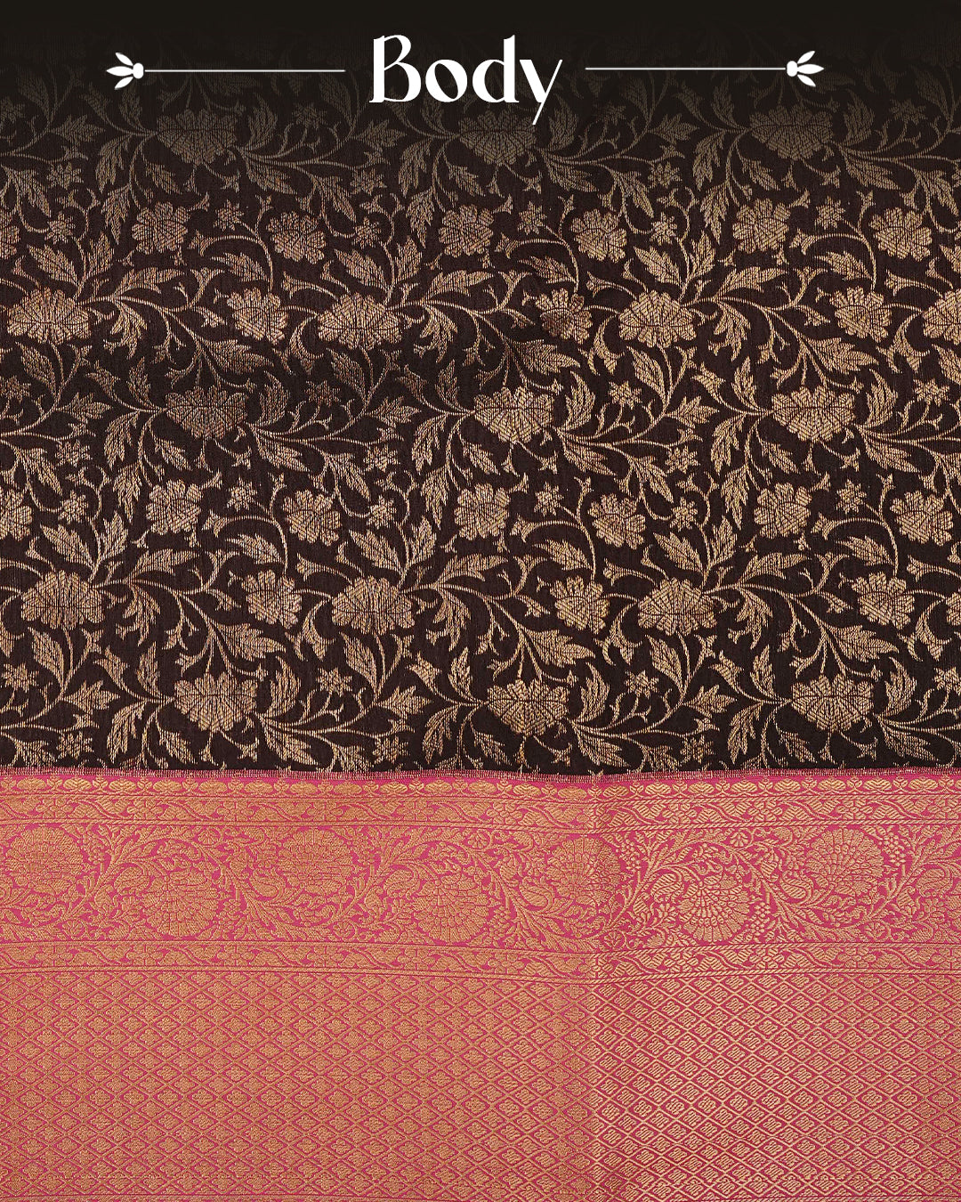 Dark Brown colour semi wedding saree featuring  gold zari Floral kodi  Pattern on body, contrast Rani Pink colour with traditional border, paired with matching blouse piece.