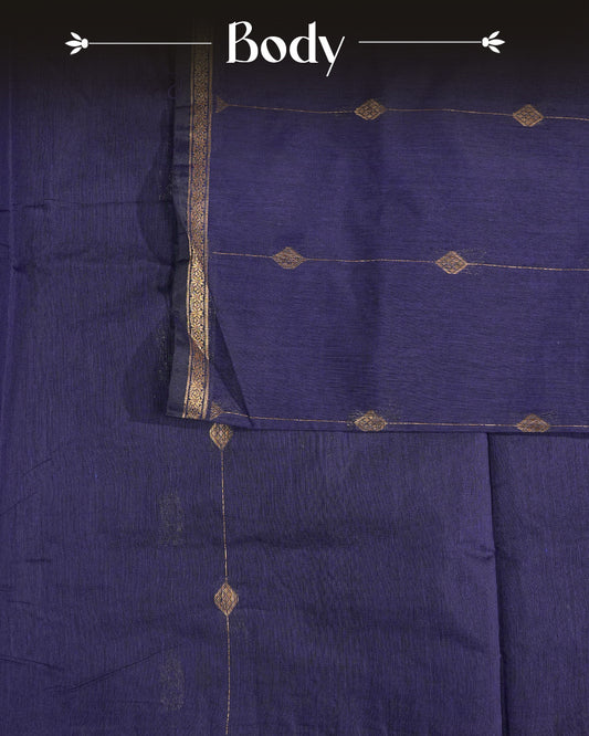 Navy Blue  colour Kalyani cotton saree featuring a gold zari floral pattern on the body, complemented by a Maroon pallu with gold zari stripes and a floral zari border, paired with a matching blouse piece