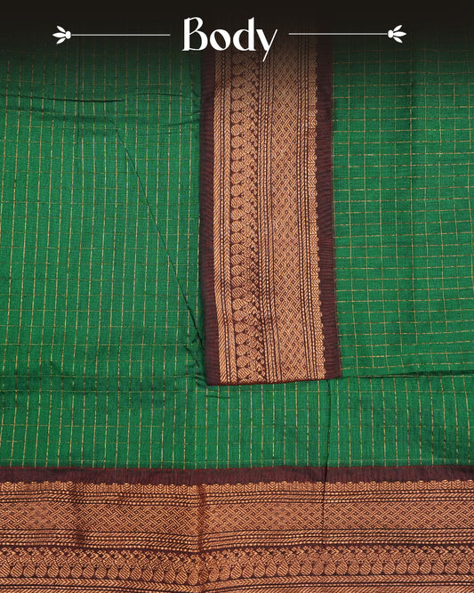 Green Colour Kalyani Cotton Saree Featuring Copper Zari Check Pattern On Body, Complemented By Maroon Colour With Antique Zari Border,Paired With Matching Blouse Piece.