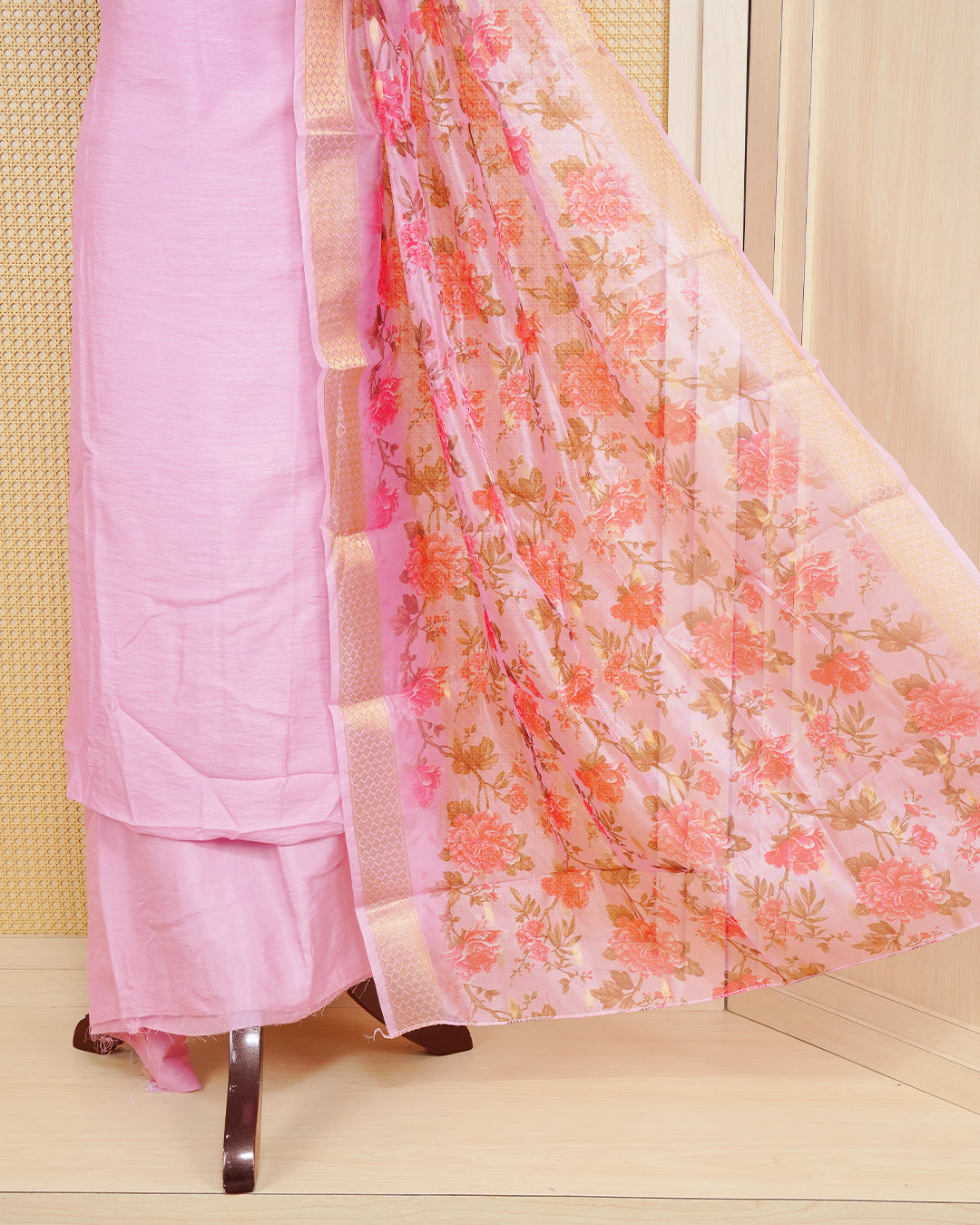 Pink Colour Organza Salwar Material Featuring Plain Body, Paired With Matching Bottom & Elegant Dupatta.