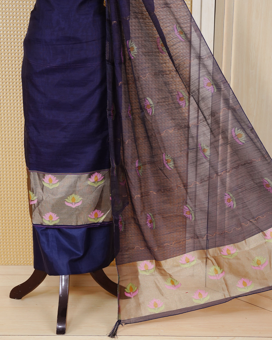 Navy Blue and Gold Colour Semi Linen Material Featuring Floral Thread Pattern Plain Body, Paired with Matching Bottom & Elegant Dupatta