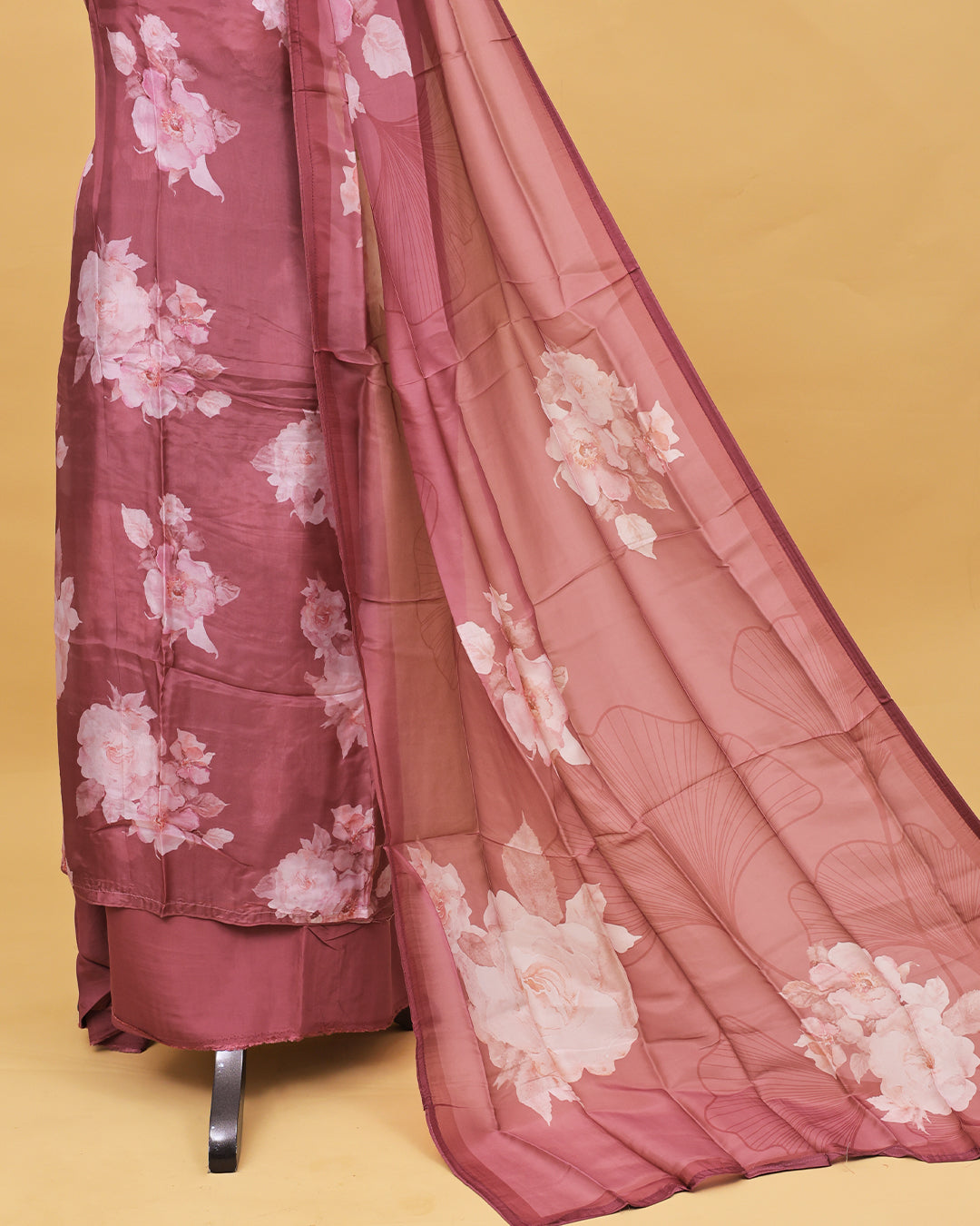 Mauve colour Organza Salwar material with Floral print work on body, matching bottom & Dupatta.