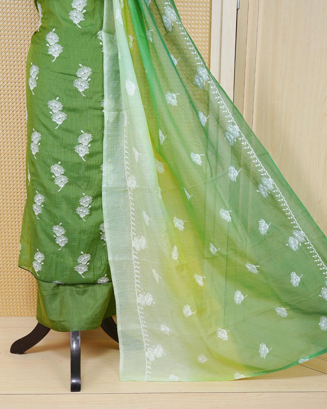 Olive Green Colour Net Kota Material Featuring Floral Thread Pattern on Body, Paired with Matching Bottom & Elegant Dupatta