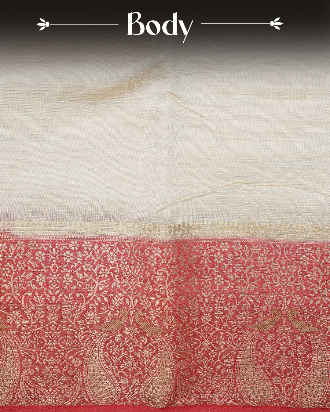 Light gold tussar saree featuring Elegant plain body, complemented by contrast Red colour with Gold zari Floral kodi with Peacock Pattern border, comes with matching blouse piece.