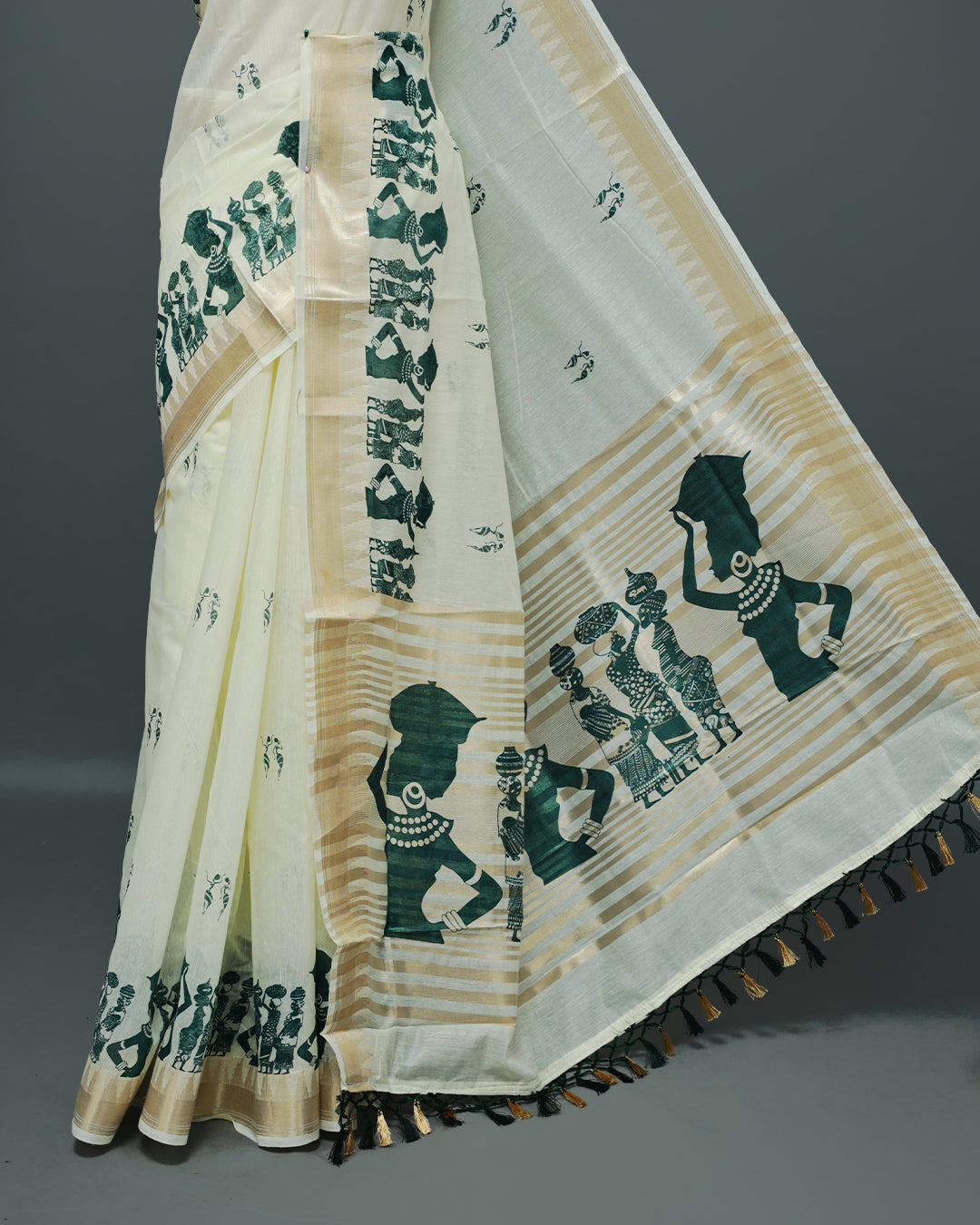 Cream colour Semi chanderi kerala saree featuring Green colour Print on body, complemented by Light Gold zari Border, paired with matching blouse piece.