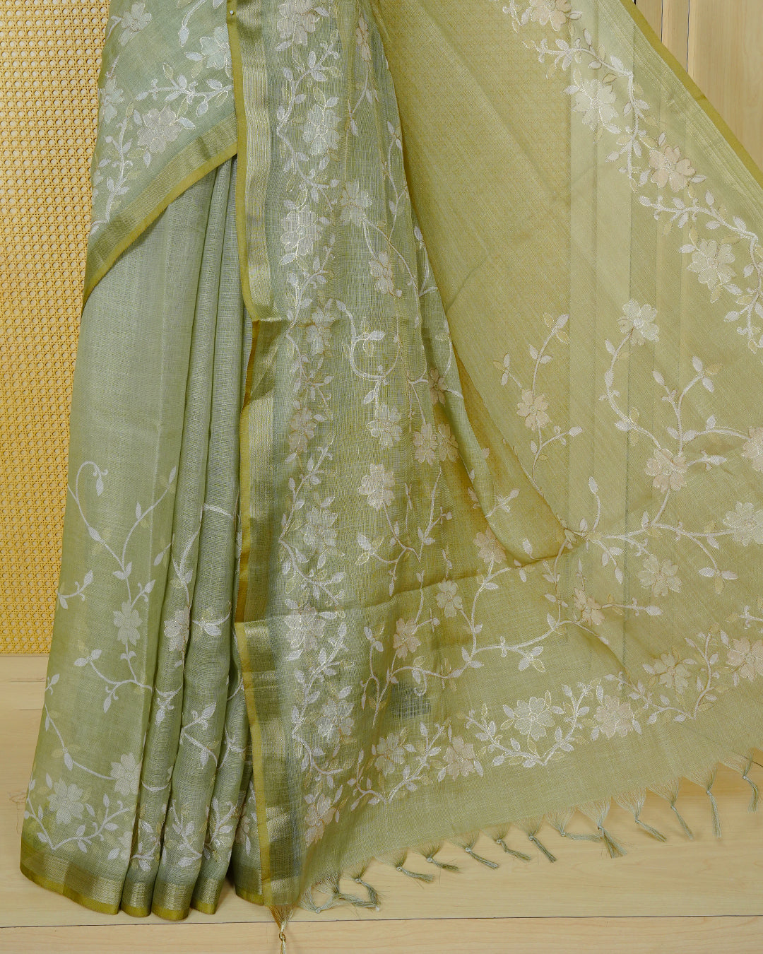 Pastel Olive colour linen tissue BKU inspired saree.