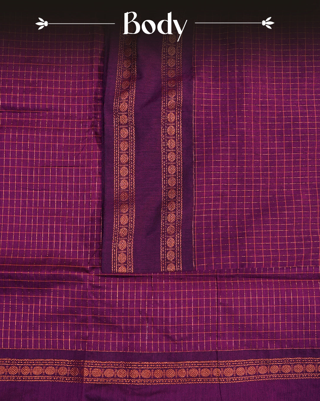 Purple colour kalyani cotton saree featuring zari check pattern on body, complemented by Contrast colour with Antique zari border, paired with matching blouse piece
