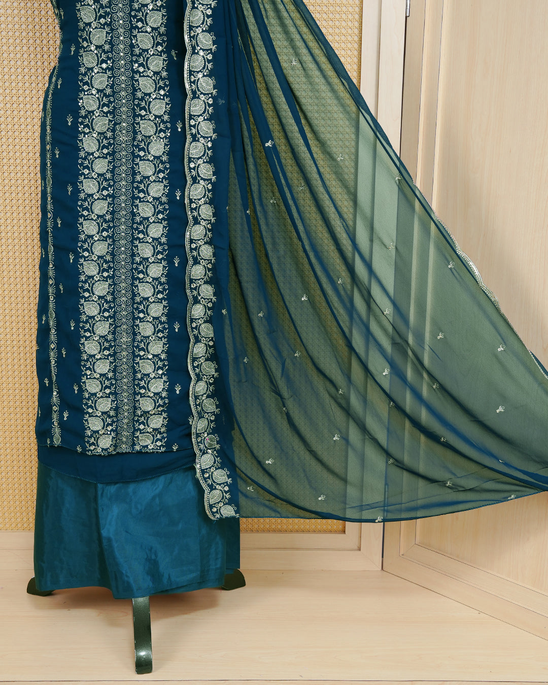 Teal Blue colour Georgette Salwar Material Featuring Gold Thread Work on body, paired with matching Bottom & Elegant Dupatta.