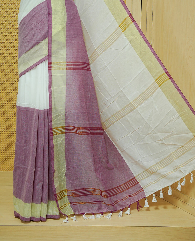 Purple & Light Green Colour Half & Half Mul cotton saree Complemented by contrast Green colour Border & tassels.