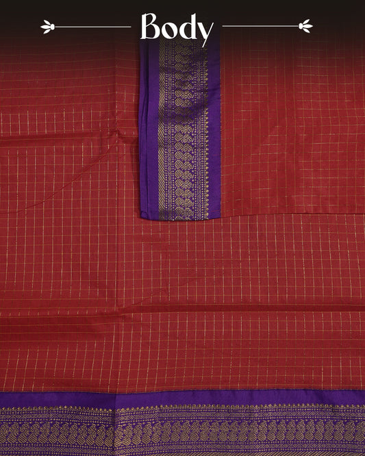 Red colour kalyani cotton saree featuring gold zari check pattern on body, complemented by Purple colour with Antique zari border, paired with matching blouse piece