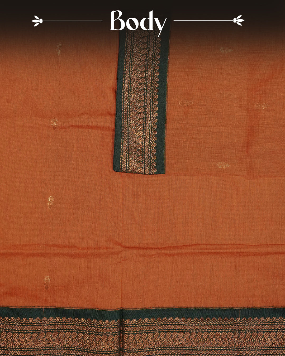 Orange  colour kalyani cotton saree featuring gold zari Motifs on body, complemented by Green colour with Gold zari border, paired with matching blouse piece
