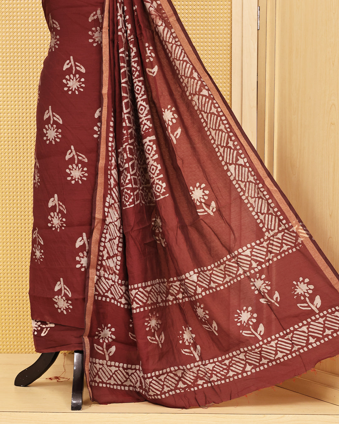 Maroon colour Chanderi Salwar Material with Printed body ,a matching printed bottom and a lightweight printed dupatta featuring a contrast border.