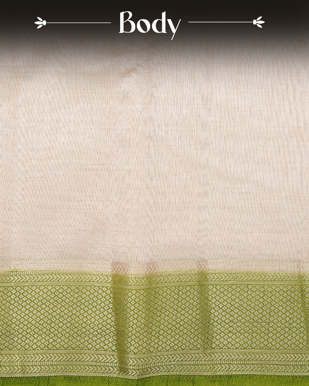 Light gold colour Semi Tussar silk saree featuring an elegant plain body, accentuated by a contrast Light green border adorned with intricate gold zari work, paired with a matching blouse piece.