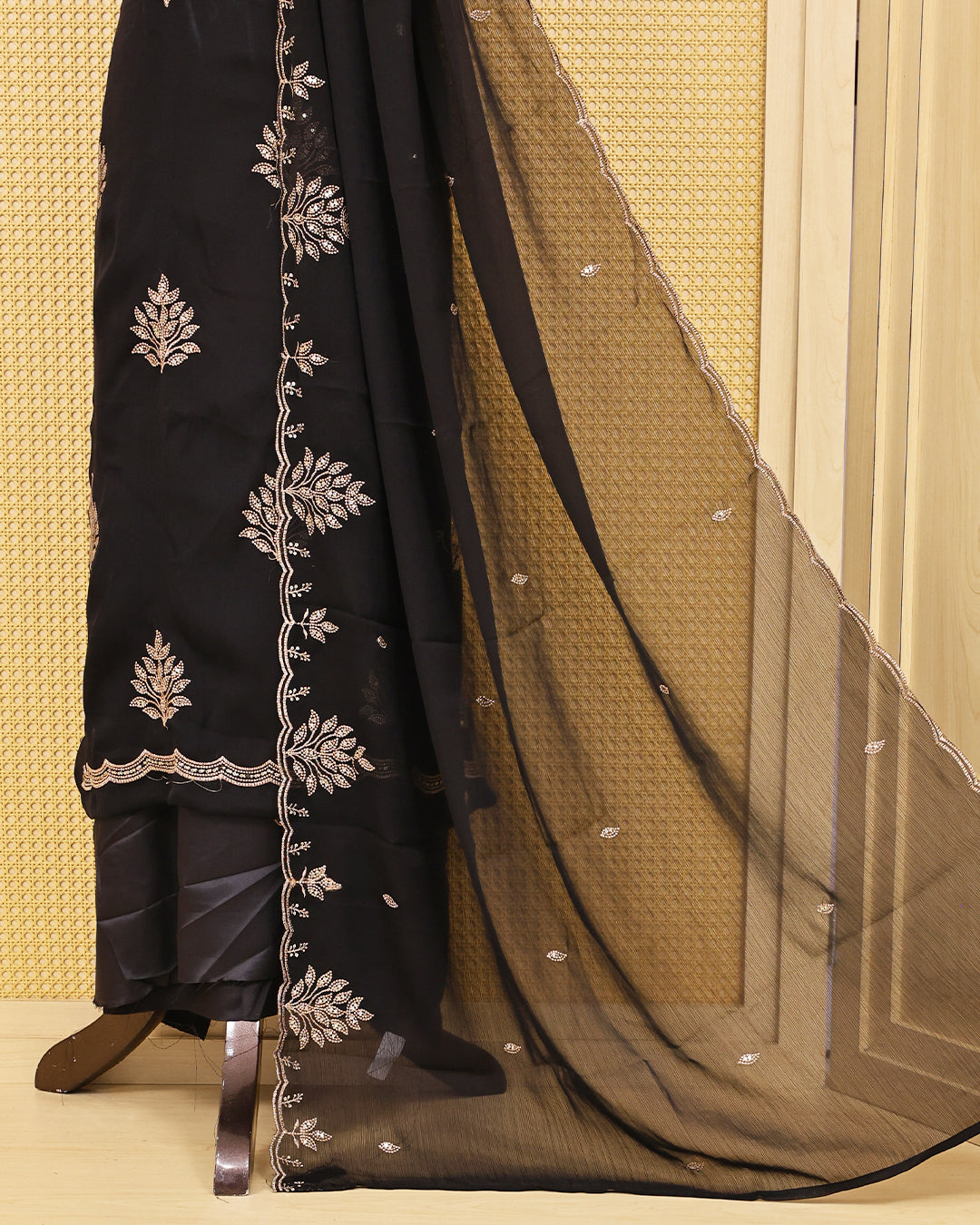 Black colour georgete Salwar Material with embroidered kurta, solid bottom, and matching embroidered sheer dupatta.