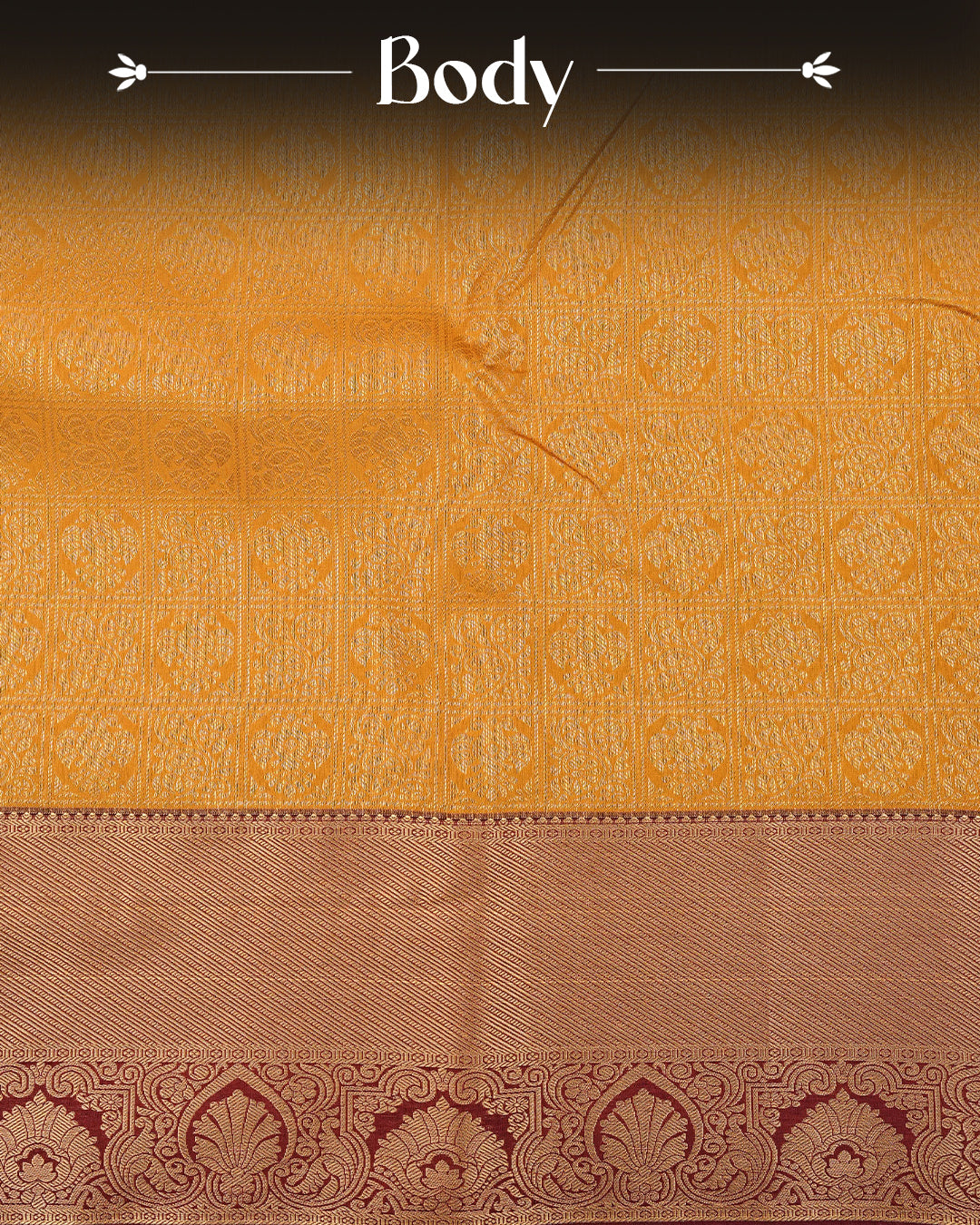 Mustard Orange  colour semi wedding saree featuring  gold zari  Peacock On Checks Pattern on body, contrast  maroon colour with traditional border, paired with matching blouse piece.