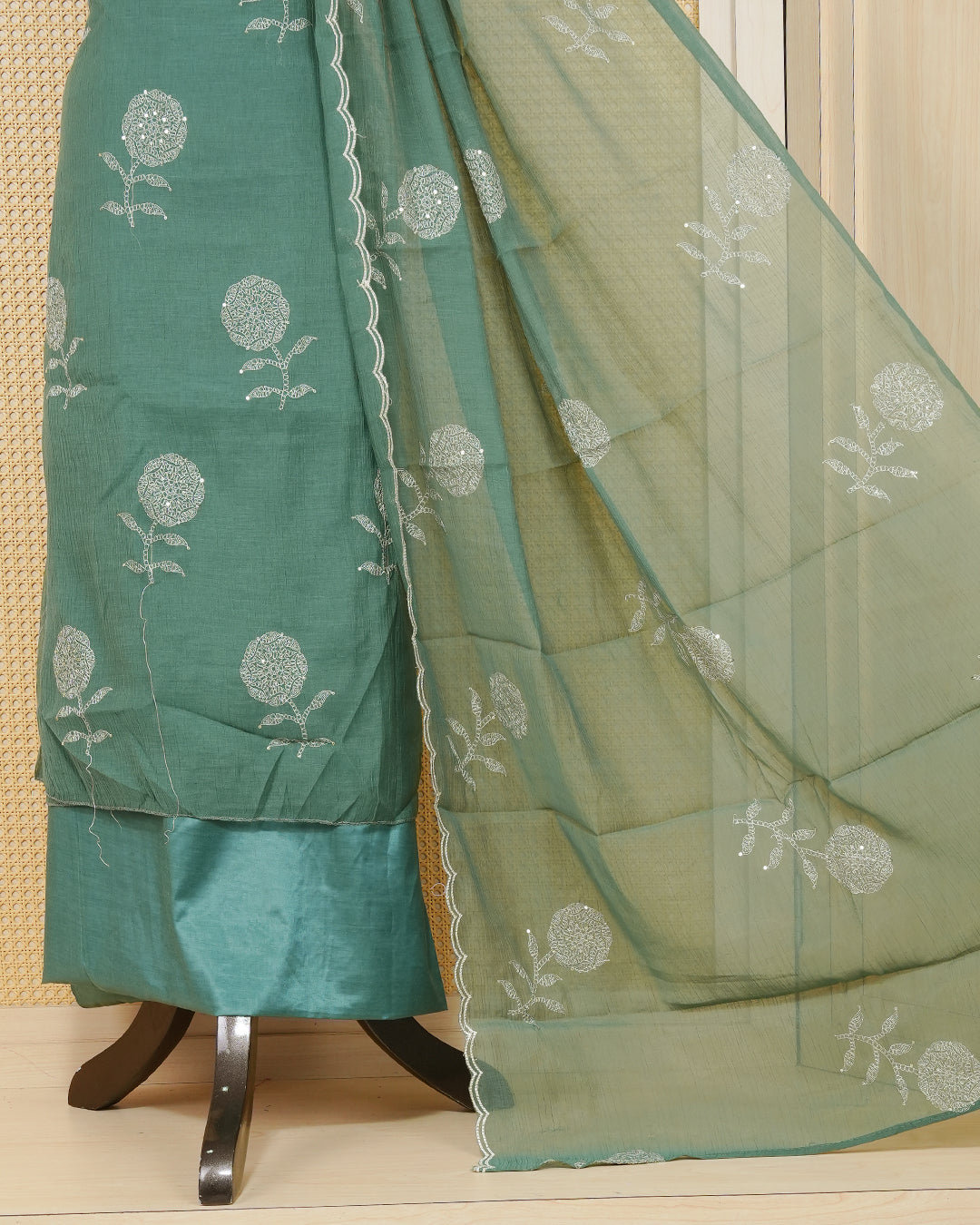 Dream Green colour Organza salwar material featuring Thraed Work without border, paired with matching bottom and elegant dupatta.