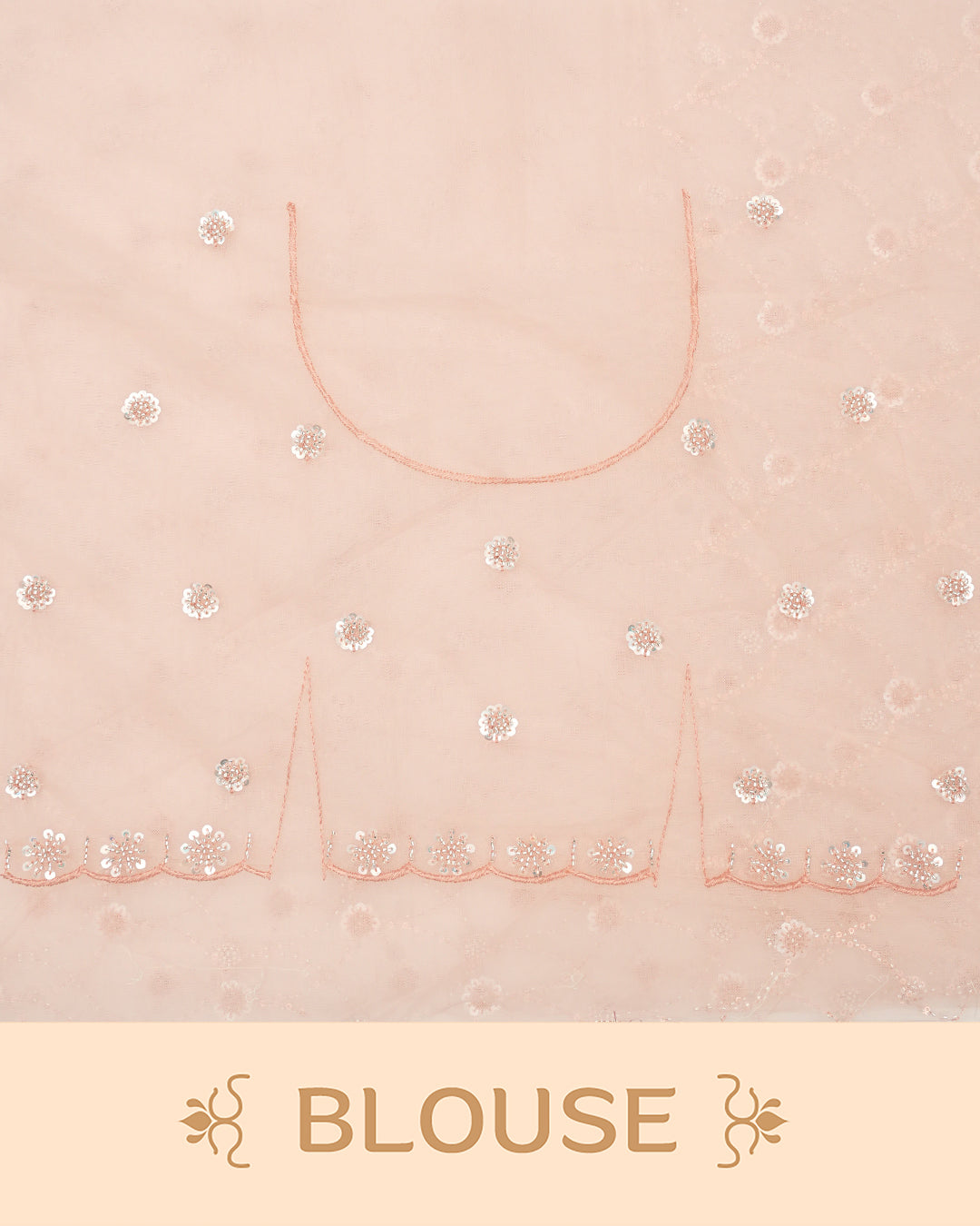 Peach colour designer saree featuring intricate bead and sequin work on the body and border, paired with a matching blouse piece.