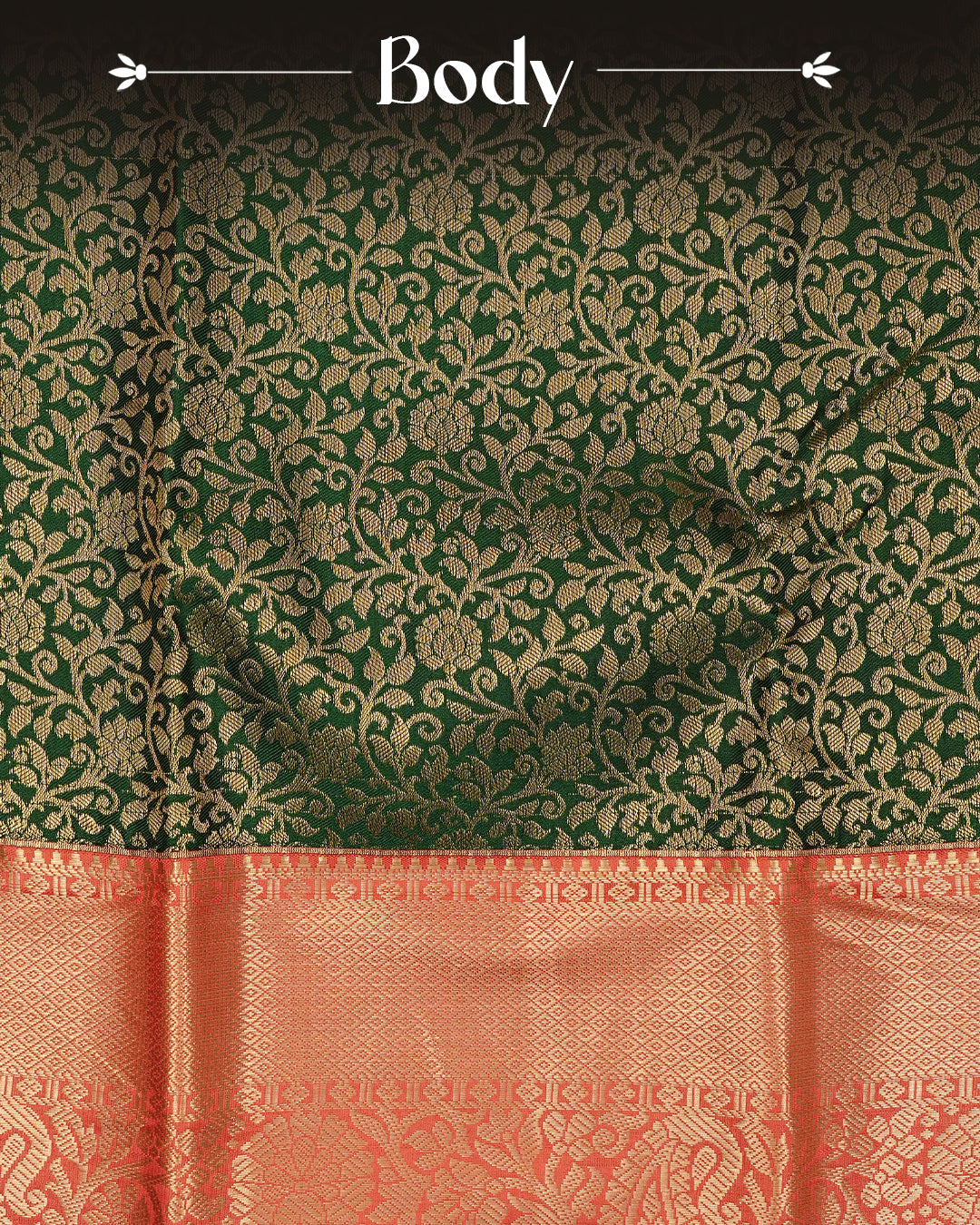 Dark green semi wedding saree with elegant gold zari floral motifs On Body, complemented by a contrast Red zari border and rich traditional pallu. Comes with a matching blouse piece.