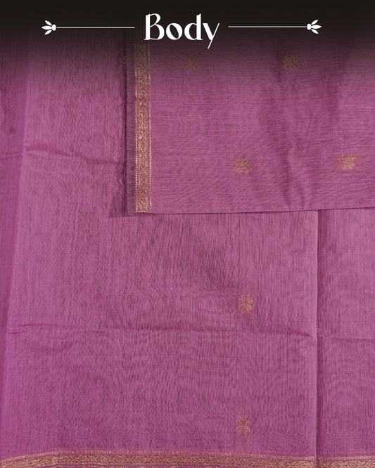 Pink colour kalyani cotton saree featuring gold zari Floral pattern on body, complemented by Blue colour with Stripes & Floral Gold zari border, paired with matching blouse piece