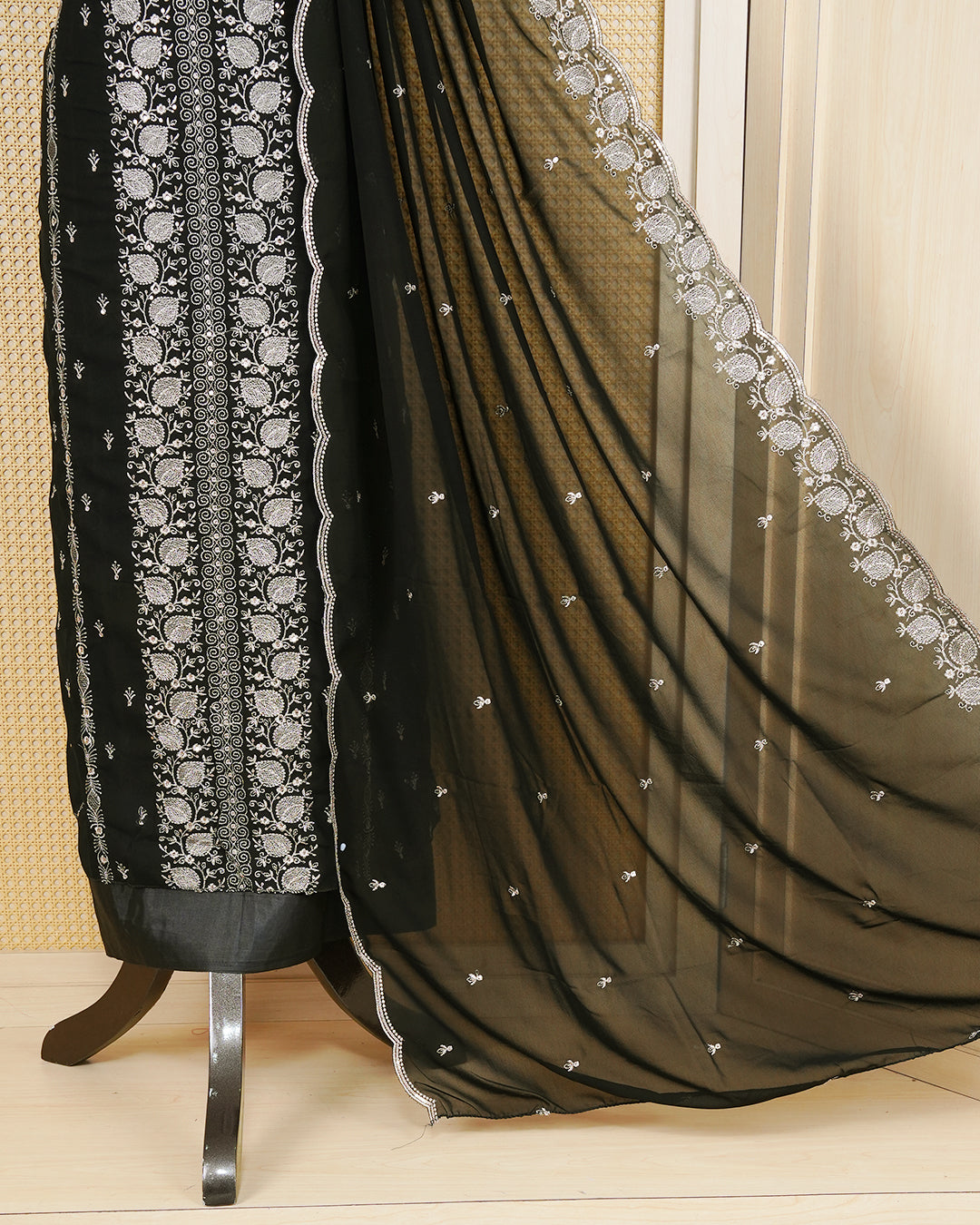 Black colour Georgette Salwar Material Featuring Gold Thread Work on body, paired with matching Bottom & Elegant Dupatta.