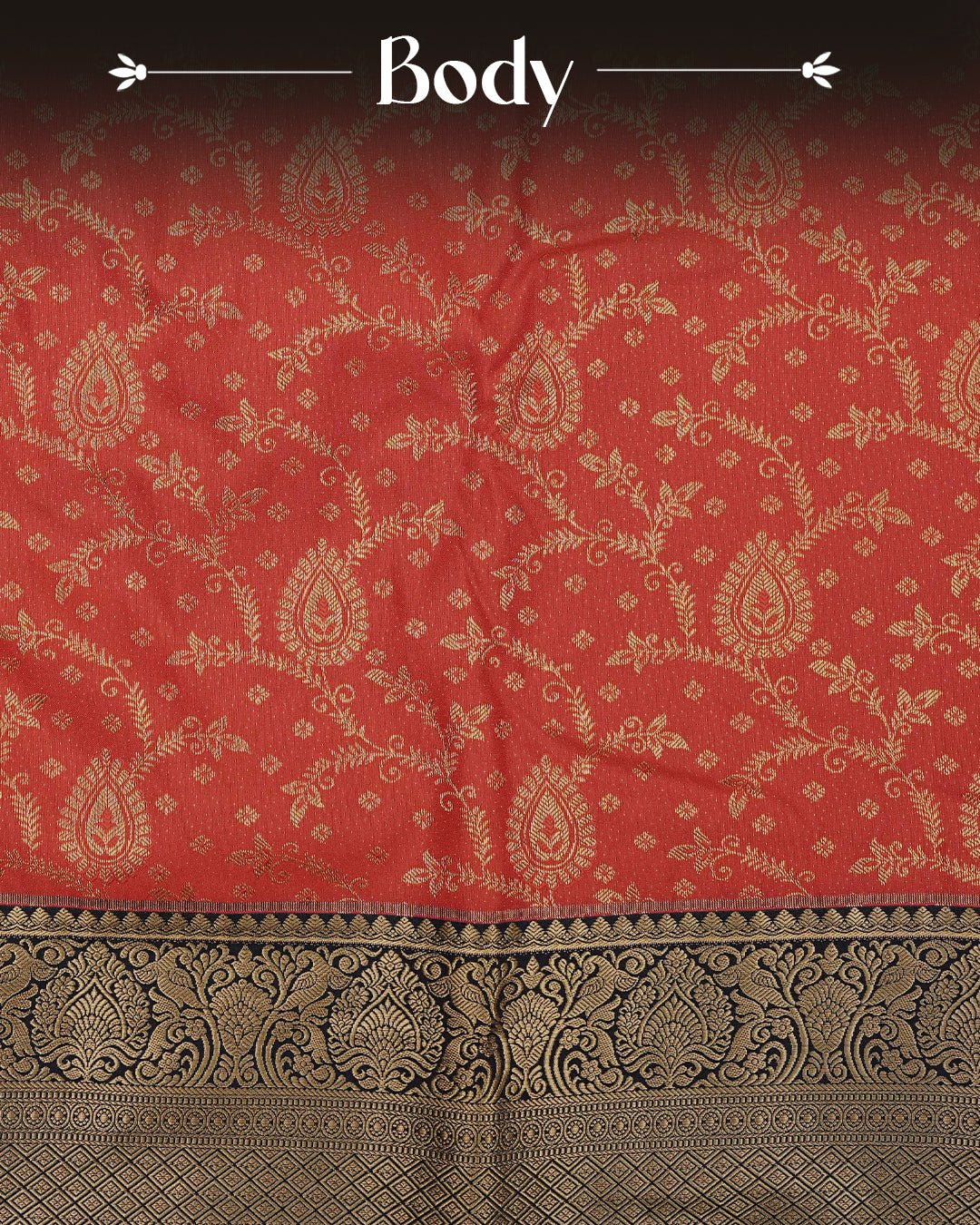 Dark Red colour semi wedding saree featuring  gold zari  Pattern on body, contrast  navy blue colour with traditional border, paired with matching blouse piece.