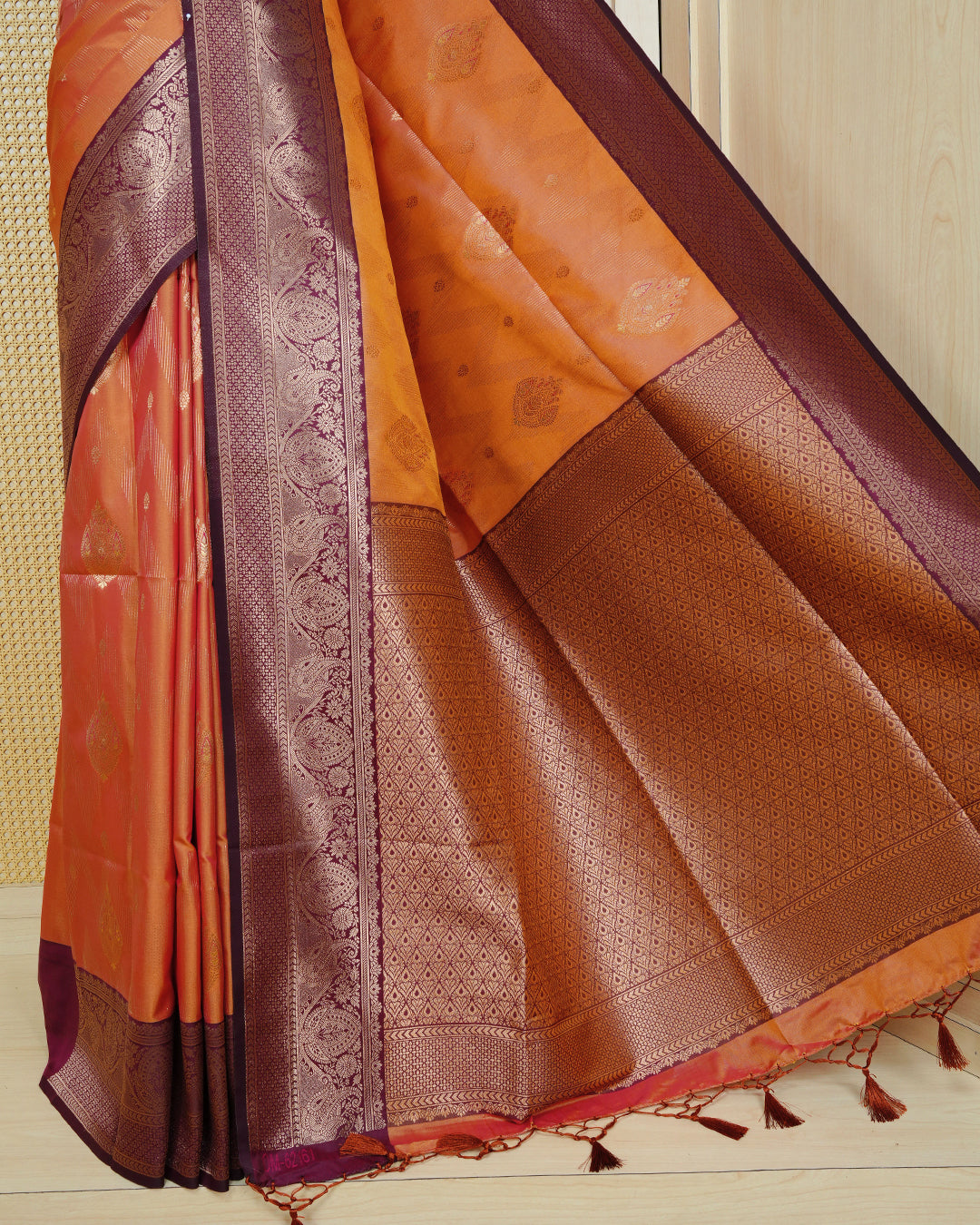 Rust orange & gold double shade Mulberry silk saree featuring gold floral zari patterns on body , paired with contrast magenta colour with traditional border, comes with matching blouse piece.