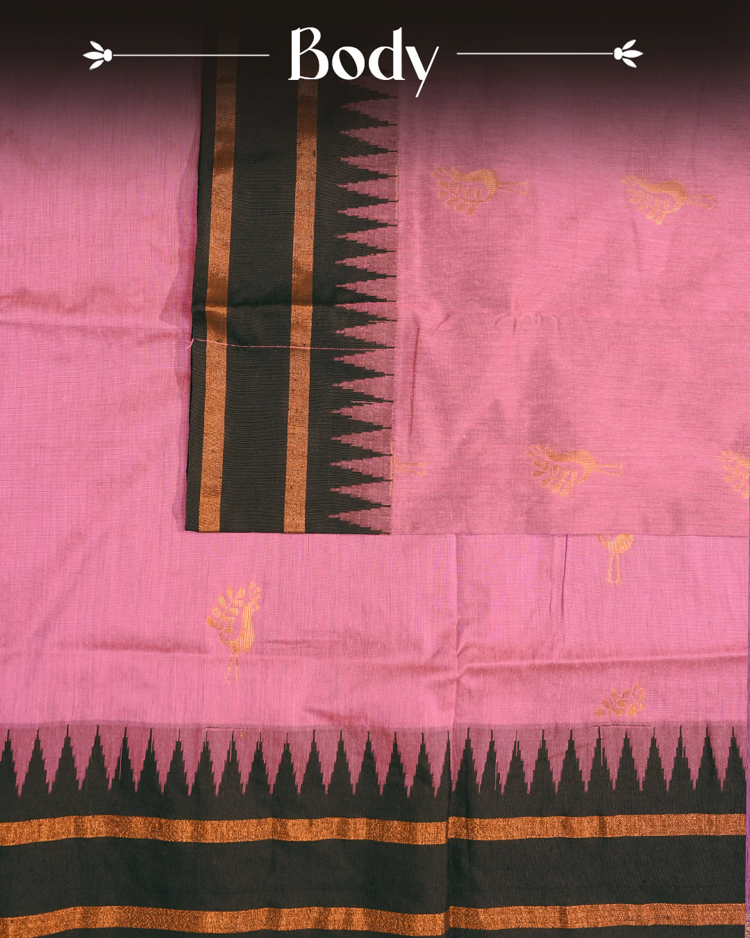 Pink Colour Kalyani cotton saree featuring elegant antique zari peacock butta motifs on the body, complemented by a Black contrast pallu with a rich antique zari border, paired with a matching blouse piece