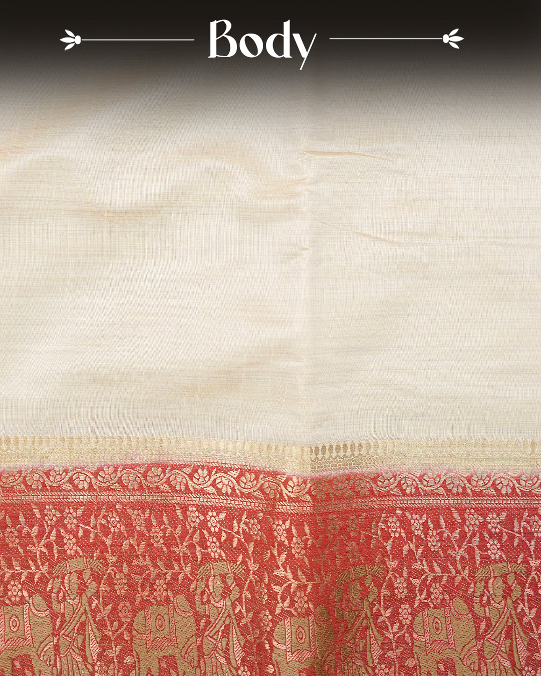Light gold tussar saree featuring Elegant plain body, complemented by contrast Red colour with Gold zari Floral kodi with Elephant Pattern border, comes with matching blouse piece.