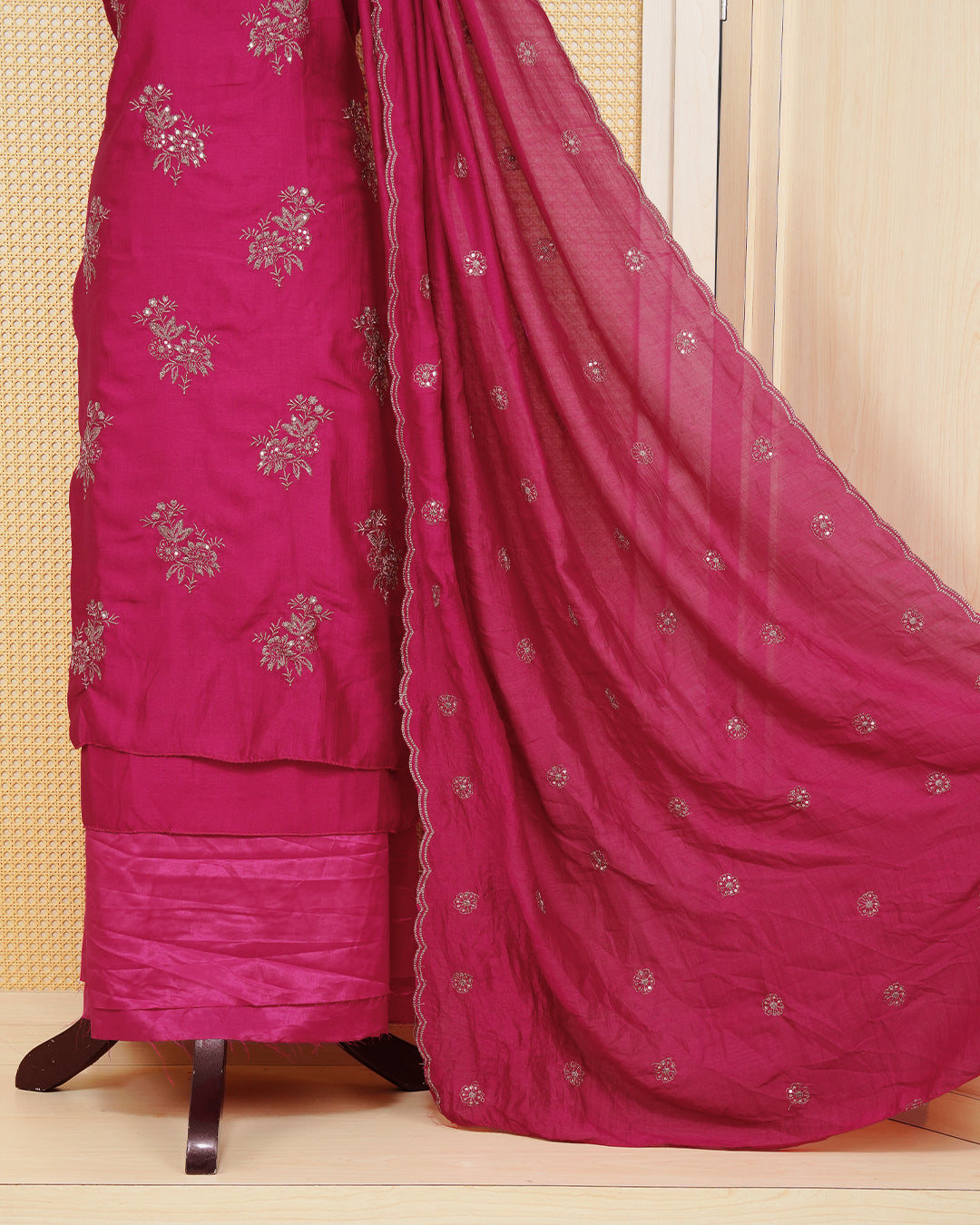 Maroon Georgette Salwar Material Features an Elagent Floral Emproidary Pattern Aborned With Shimmering Metallic Gold Thread and Beadwork, paired with matching bottom & elegant Duptta
