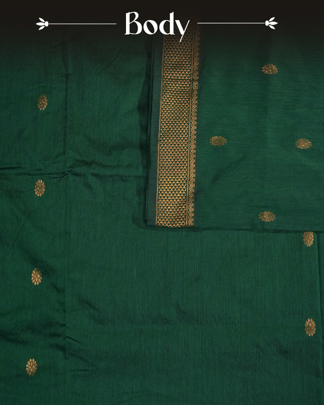 Green Colour Kalyani Cotton saree Featuring Gold Zari Motifs On Body, complemented by Contrast colour with  Gold zari border, paired with matching blouse piece
