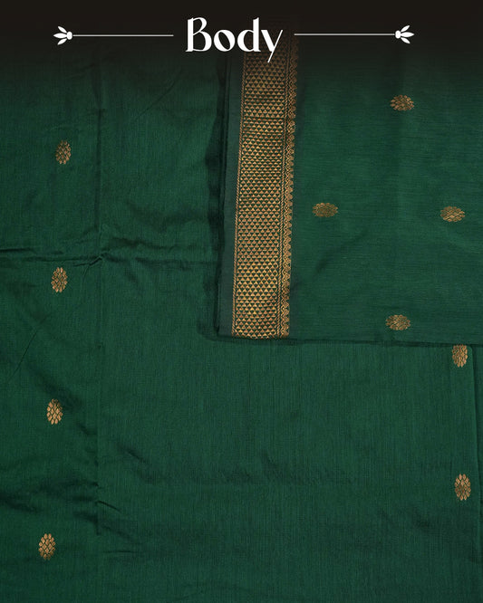 Green Colour Kalyani Cotton saree Featuring Gold Zari Motifs On Body, complemented by Contrast colour with  Gold zari border, paired with matching blouse piece