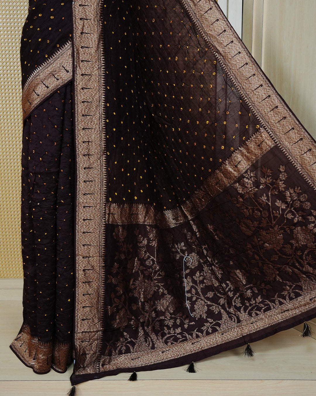 Dark Brown Colour banaras bandhani saree