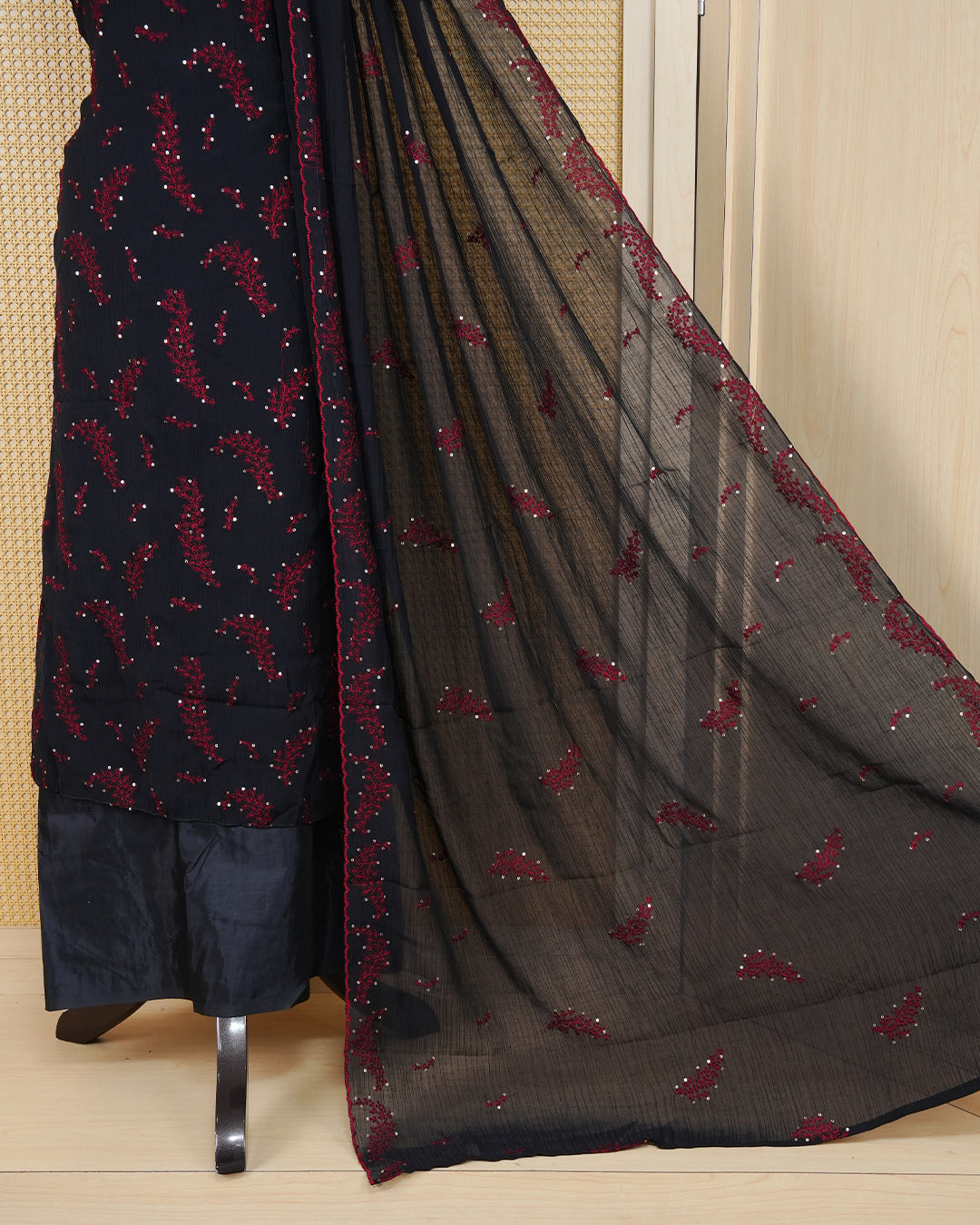 Black Colour Organza Salwar Material Featuring Thread and Mirorr Work on body, Paired With Matching Bottom & Elegant Dupatta