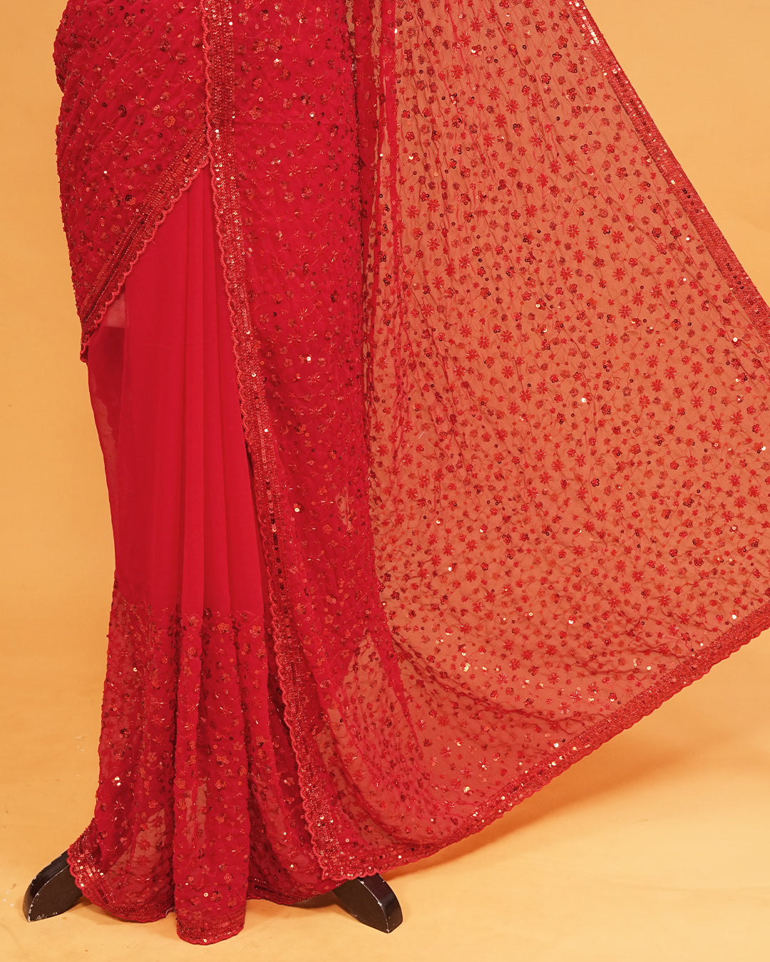 Red colour Organza saree with Cut Beats & Sequins