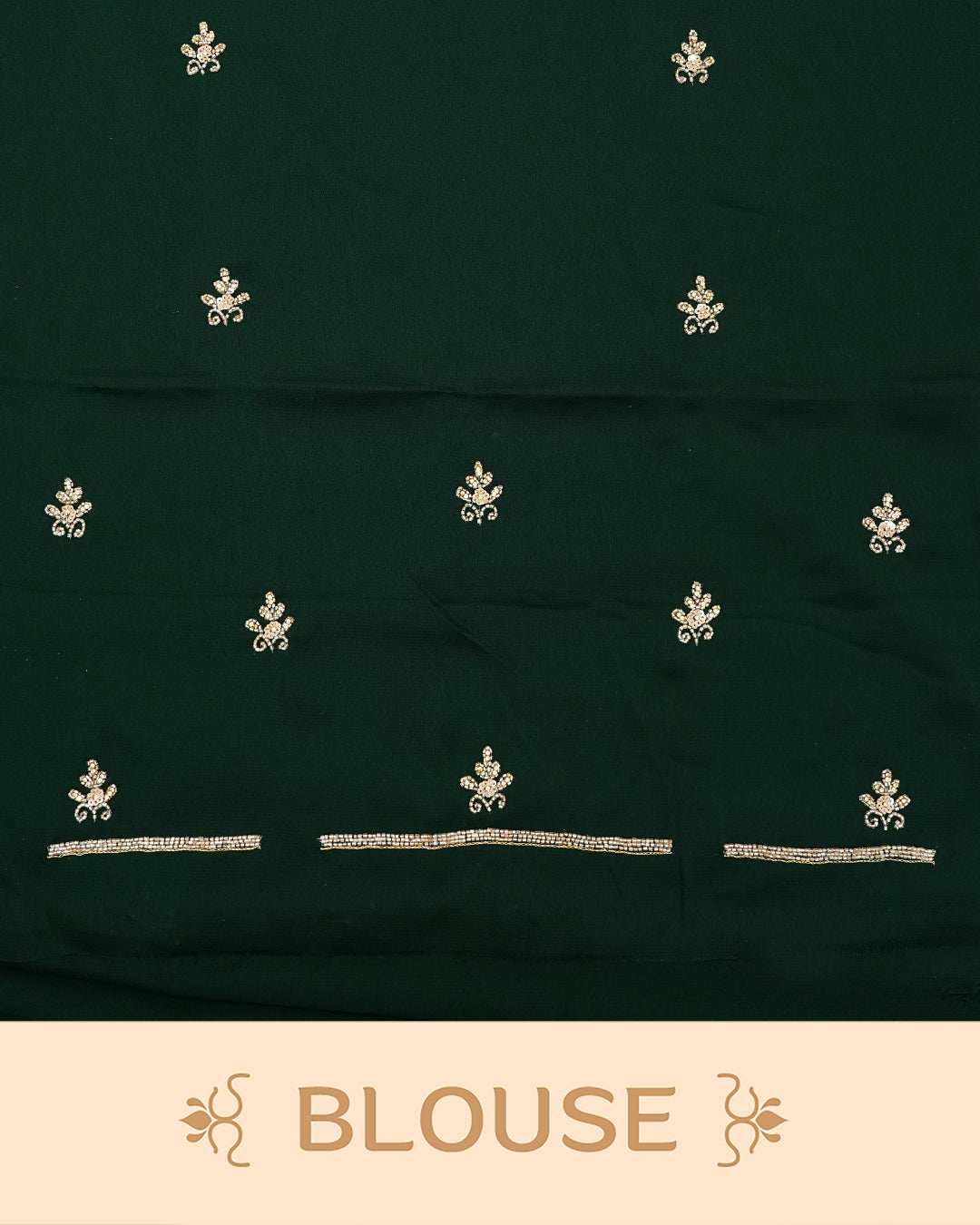 Bottle green designer saree featuring intricate bead and sequin work on the border, paired with a matching blouse piece.