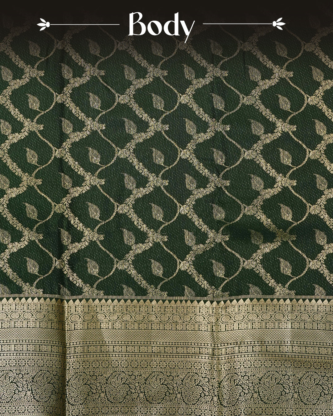 Dark Green colour semi wedding saree featuring  gold zari Floral kodi  Pattern on body, contrast Self colour with traditional border, paired with matching blouse piece.