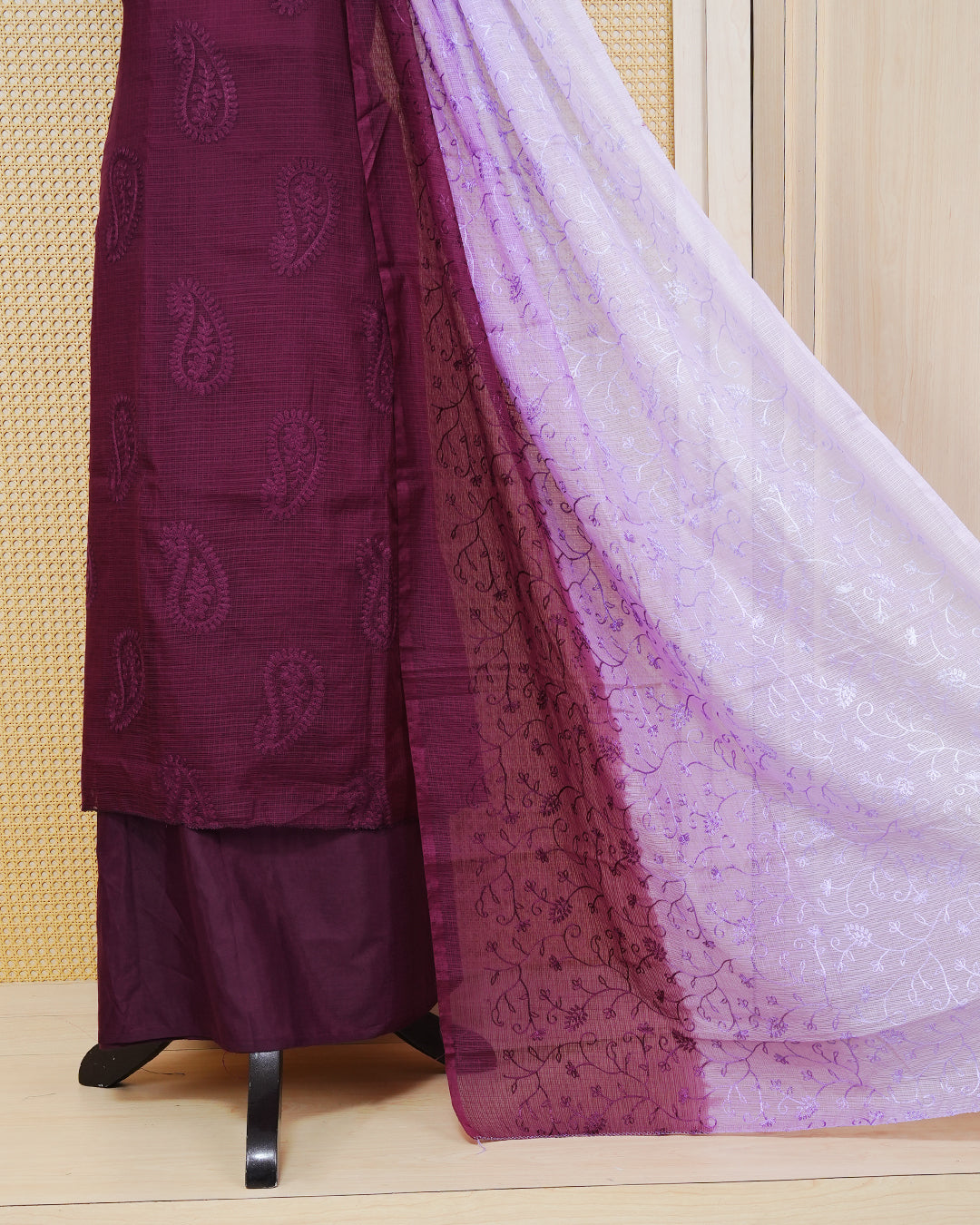 Wine & purple Colour Net Kota Material Featuring Floral Thread Pattern on Body,  Paired with Matching Bottom & Elegant Dupatta