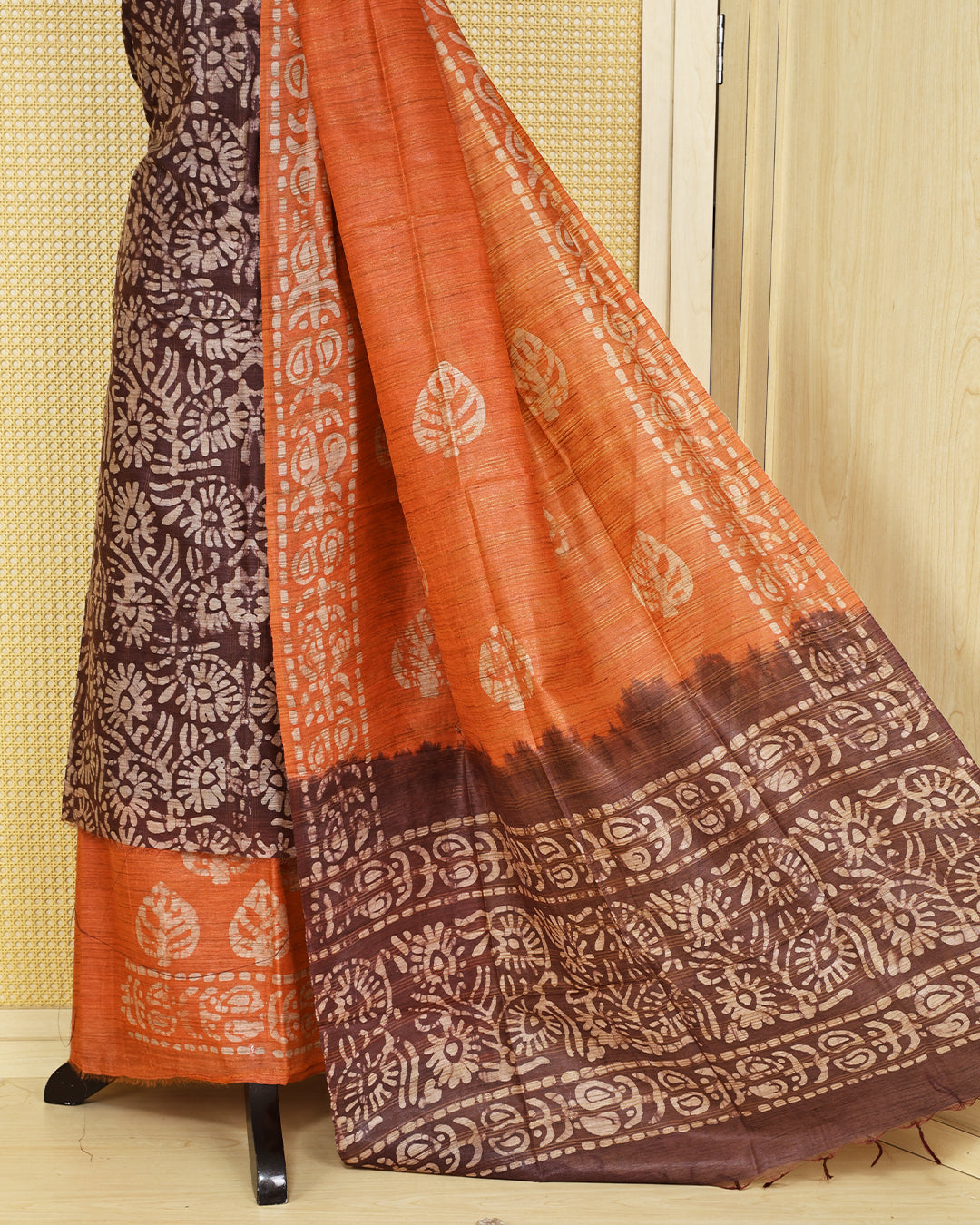 Brown colour with  Batik Printed chanderi Salwar Material paired with a Rust Orange printed bottom and a matching contrast dupatta.