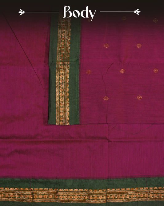 Magenta colour kalyani cotton saree featuring gold zari Floral pattern on body, complemented by Green colour with Gold zari border, paired with matching blouse piece