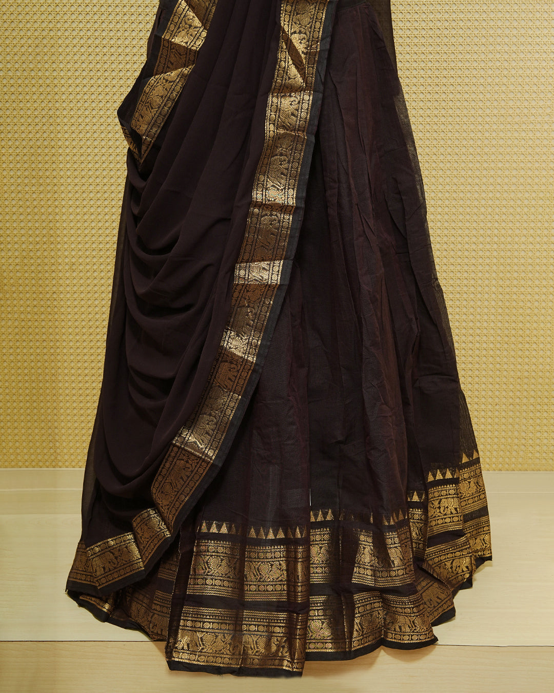 Chocoalte colour Chettinad Semi Stitched dhavani set Featuring Self colour with Gold zari border on skirt, Matching Blouse & dupatta.