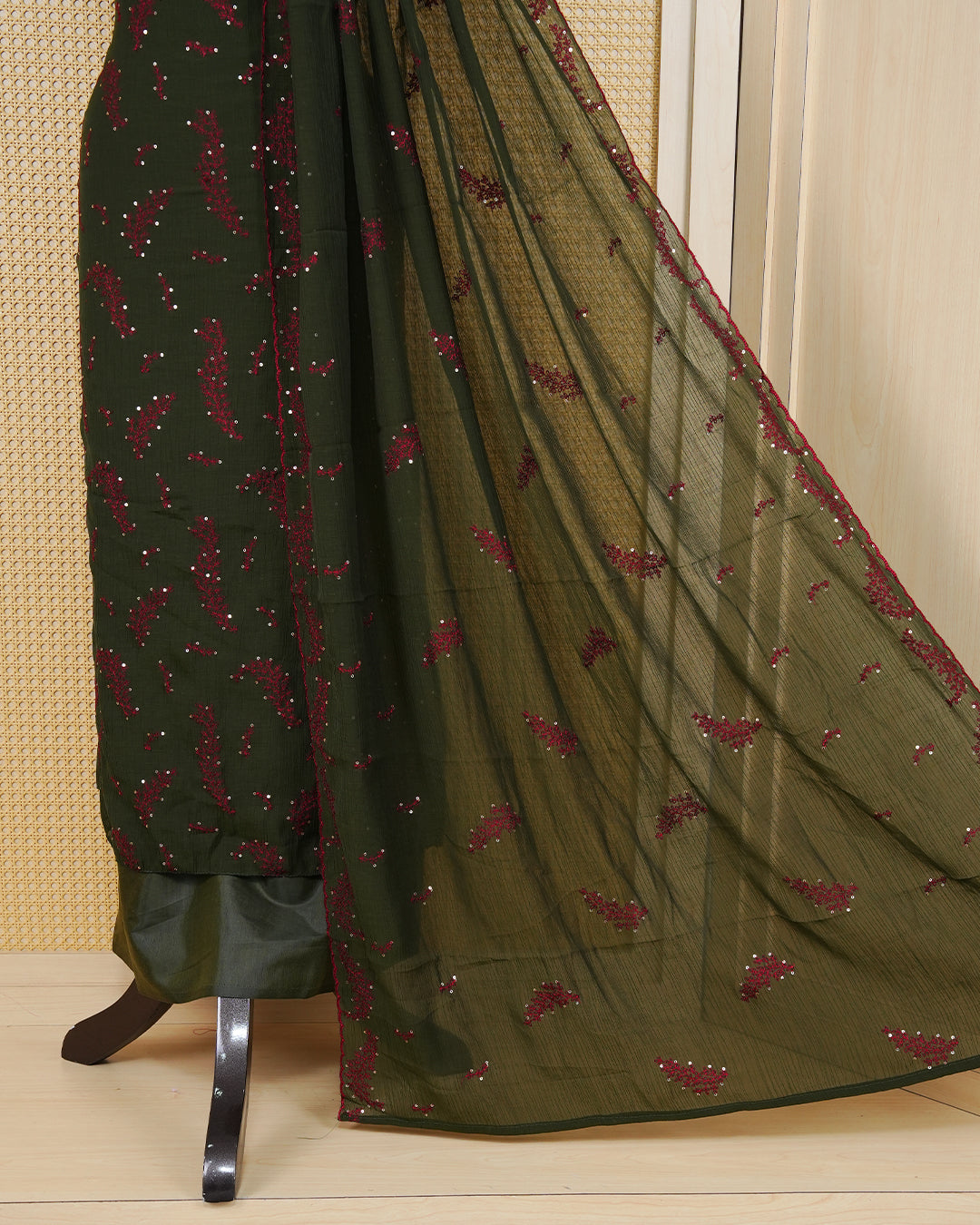 Hard Green colour Organza Salwar Material Featuring Gold Thread and Mirorr Work on body, paired with matching Bottom & Elegant Dupatta.