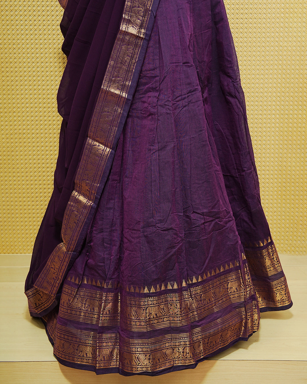 Purple colour Chettinad Semi Stitched dhavani set Featuring Self colour with Gold zari border on skirt, Matching Blouse & dupatta.